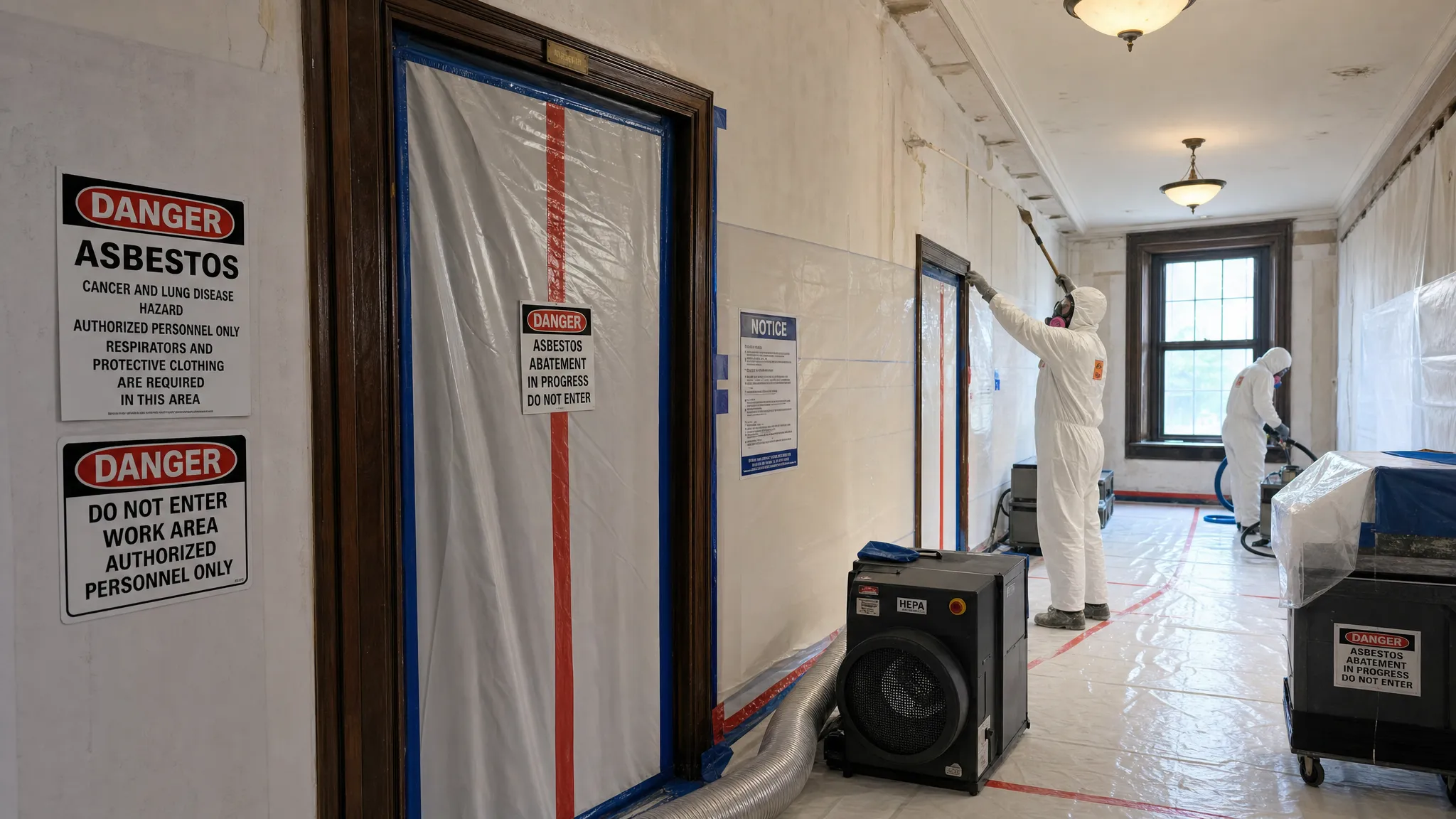 An older New England building interior prepared for asbestos abatement with sealed doorways, plastic sheeting, warning signs, and workers in protective equipment.