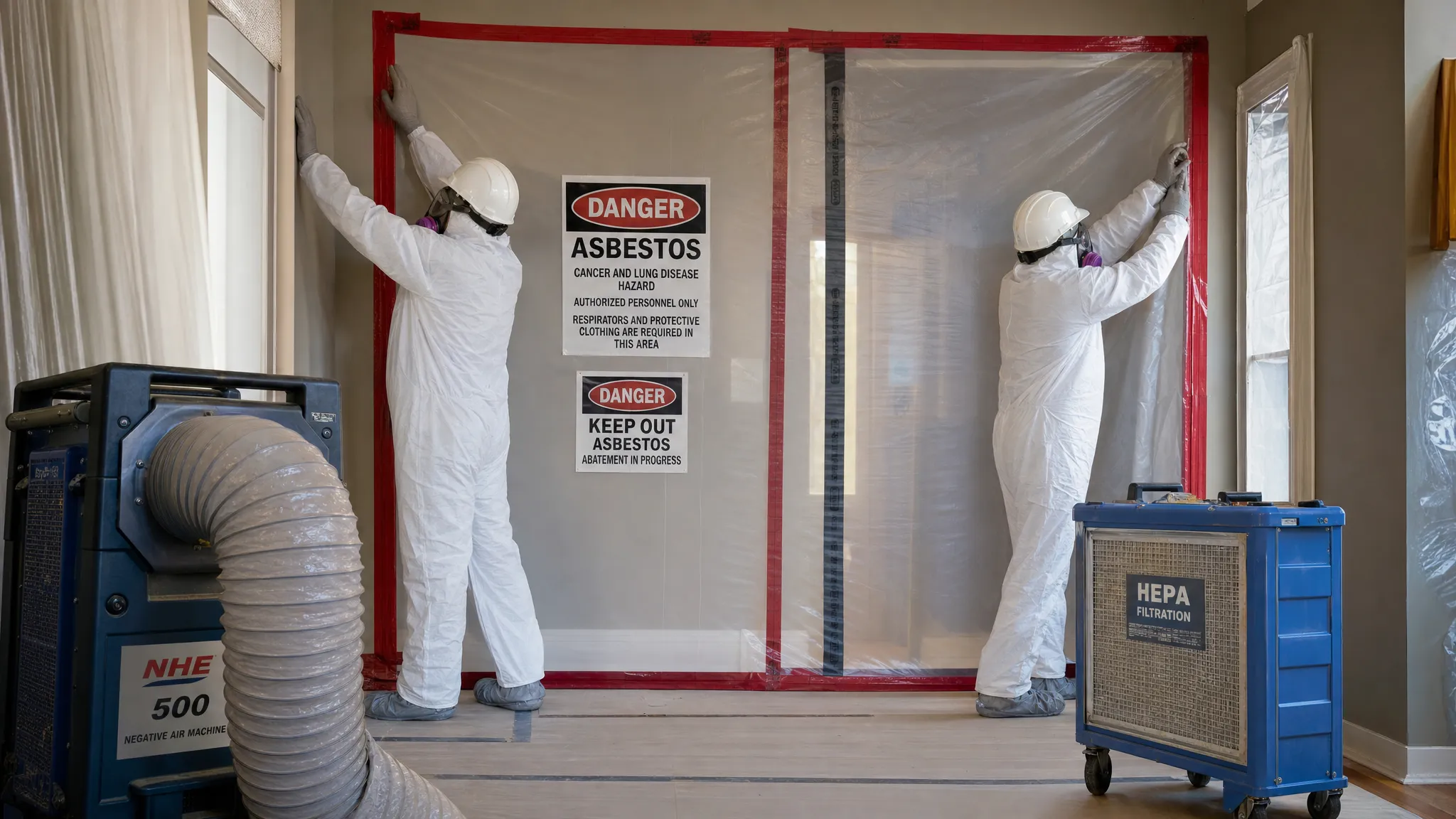 A medium interior view of licensed asbestos abatement workers in protective equipment installing sealed poly sheeting around a doorway, with warning signage, a negative air machine, and HEPA filtration equipment visible in a controlled renovation area.